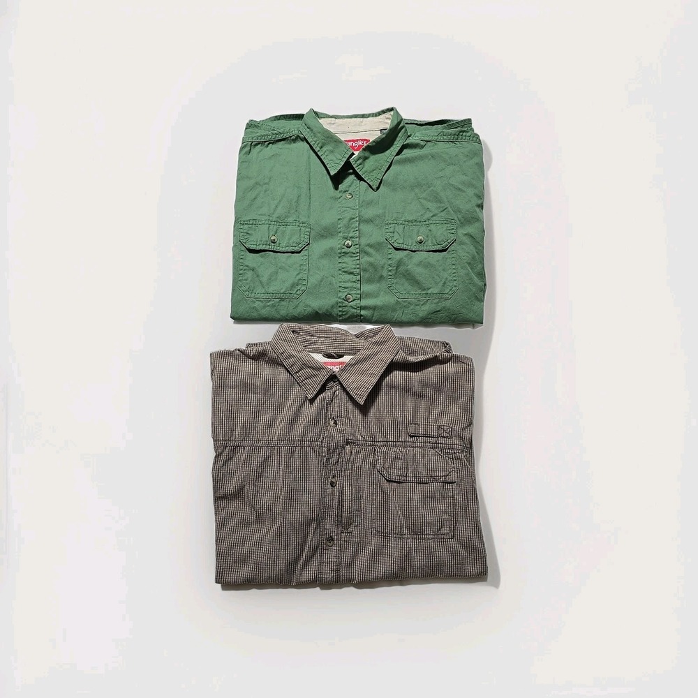 Wrangler Mens‎ 2XL Brown Green Button Down Short Sleeve Shirt Lot Of 2 Outdoor